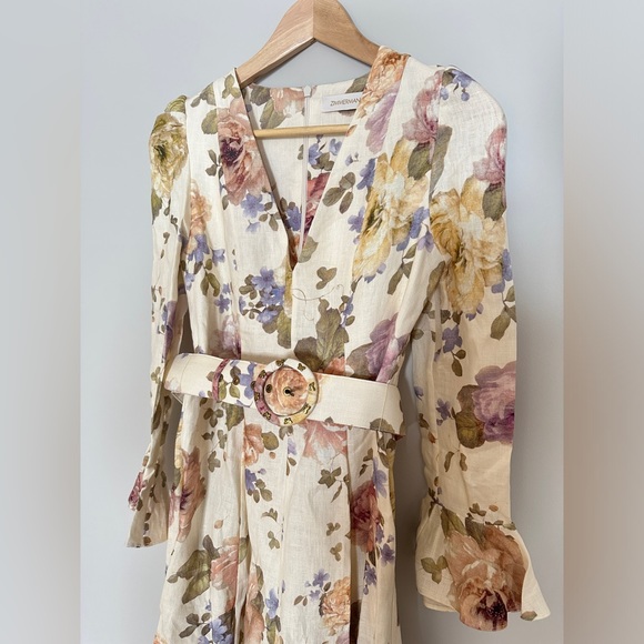 NWT Zimmermann Luminosity Belted Linen Midi Dress Beige Floral | ZIM 0 / US XS - Picture 7 of 13